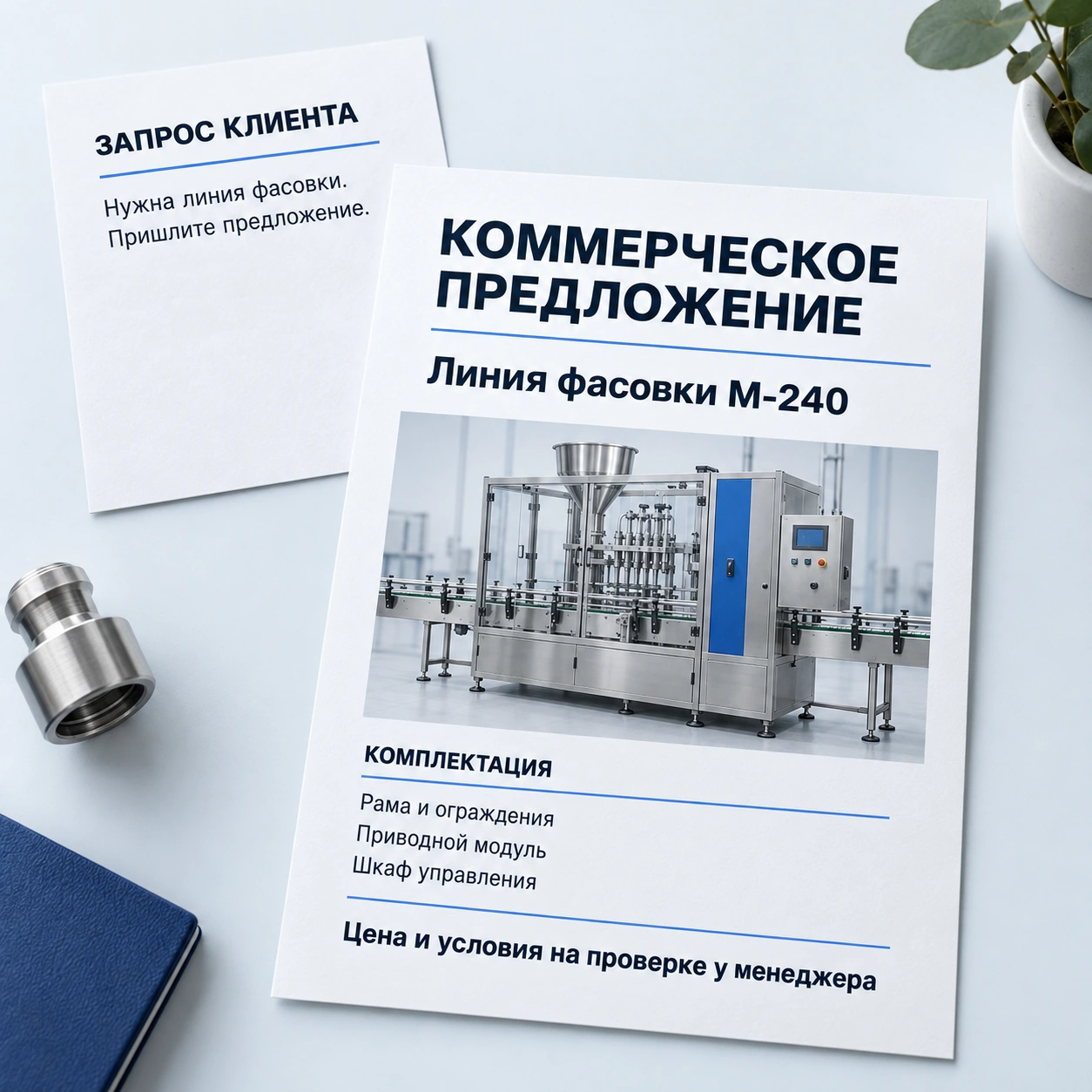 Пример: запрос клиента превращается в коммерческое предложение с комплектацией и описанием линии фасовки. Цена и условия проходят проверку менеджера.