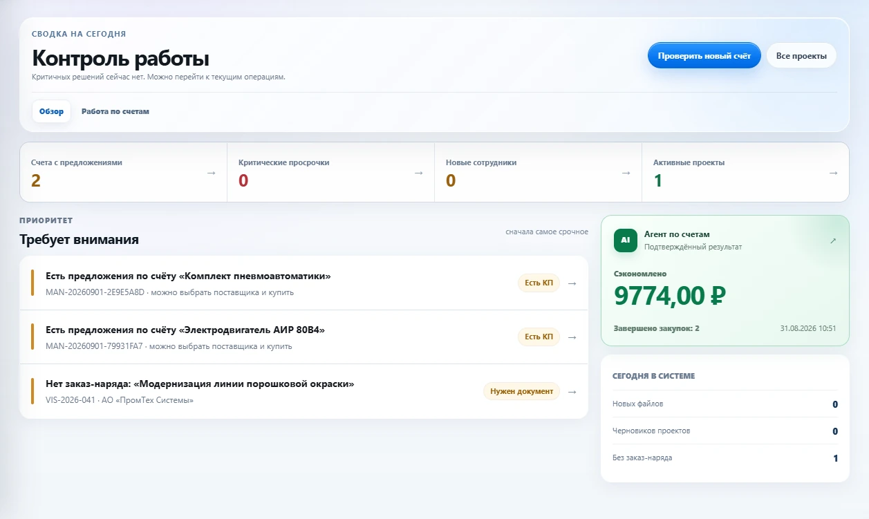 Экран руководителя VSEOK.PRO: текущие закупки, задачи и подтверждённая экономия. Демонстрационные данные.